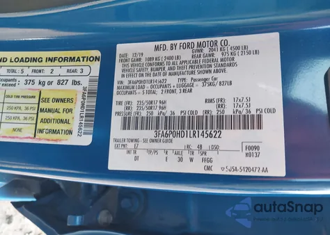 2020 Ford Fusion Se z USA, uszkodzony, nr VIN 3FA6P0HD1LR145622